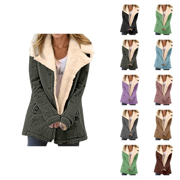 Womens Winter Coats Long Sleeve Lined Suede Button Notch Collar Cardigan Jacket Outerwear with Pockets