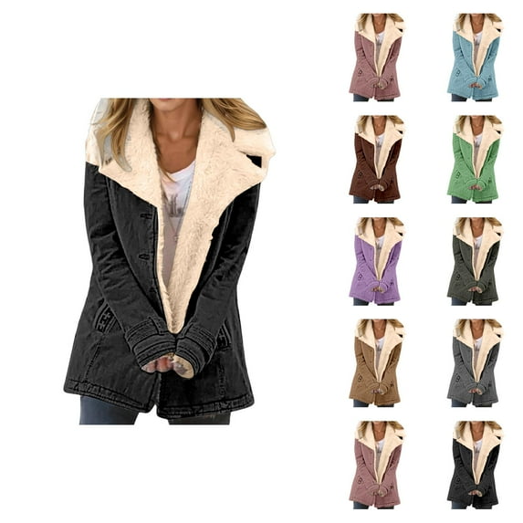 Womens Winter Coats Long Sleeve Suede Lined Button Notch Collar Cardigan Jacket with Pockets Outerwear
