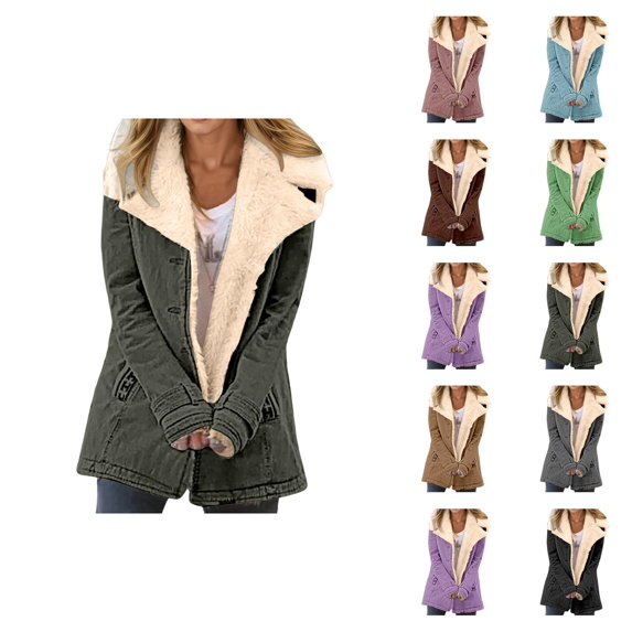Womens Winter Coats Long Sleeve Suede Lined Button Notch Collar Cardigan Jacket with Pockets Outerwear