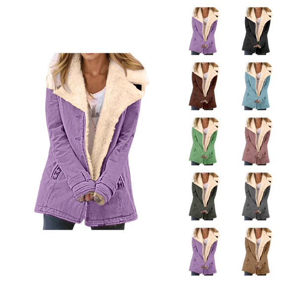 Womens Winter Coats Long Sleeve Thermal Notch Collar Suede Button Cardigan Jacket with Pockets Outerwear