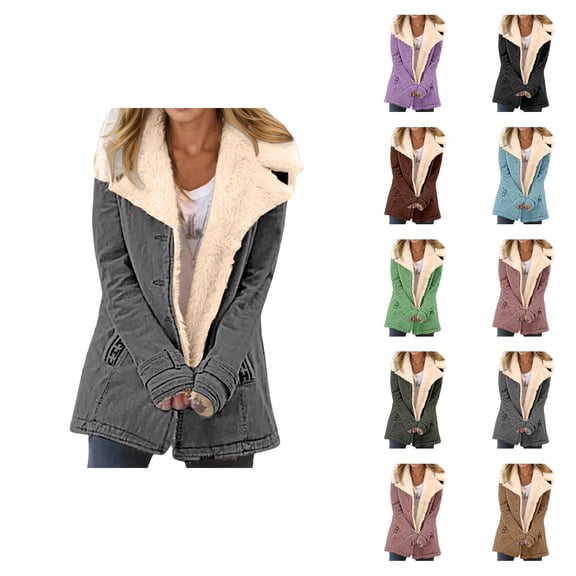 Womens Winter Coats Long Sleeve Thermal Notch Collar Suede Button Cardigan Jacket with Pockets Outerwear