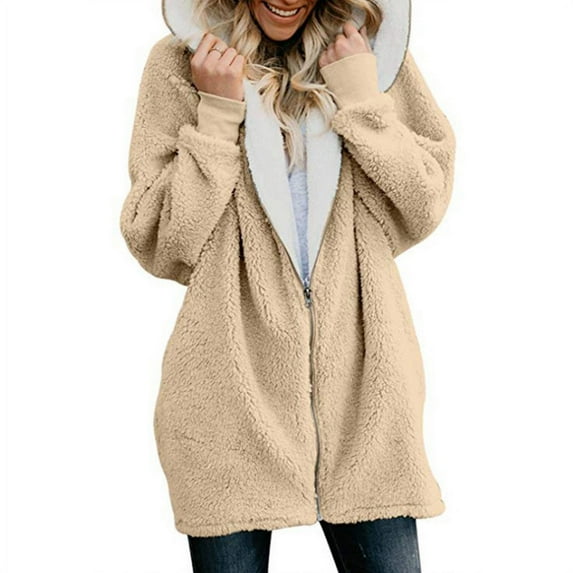 Women Fluffy Hoodies Coat Long Sleeve Zipper Jackets Mid-Length Coats Slim Solid Color Tops