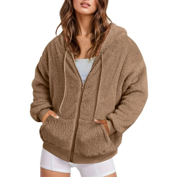 Womens Winter Coats Patchwork Comfy Plush Fuzzy Cardigan Women's Coats Warm Fleece Soft Windbreaker Zipper Hooded Overcoat