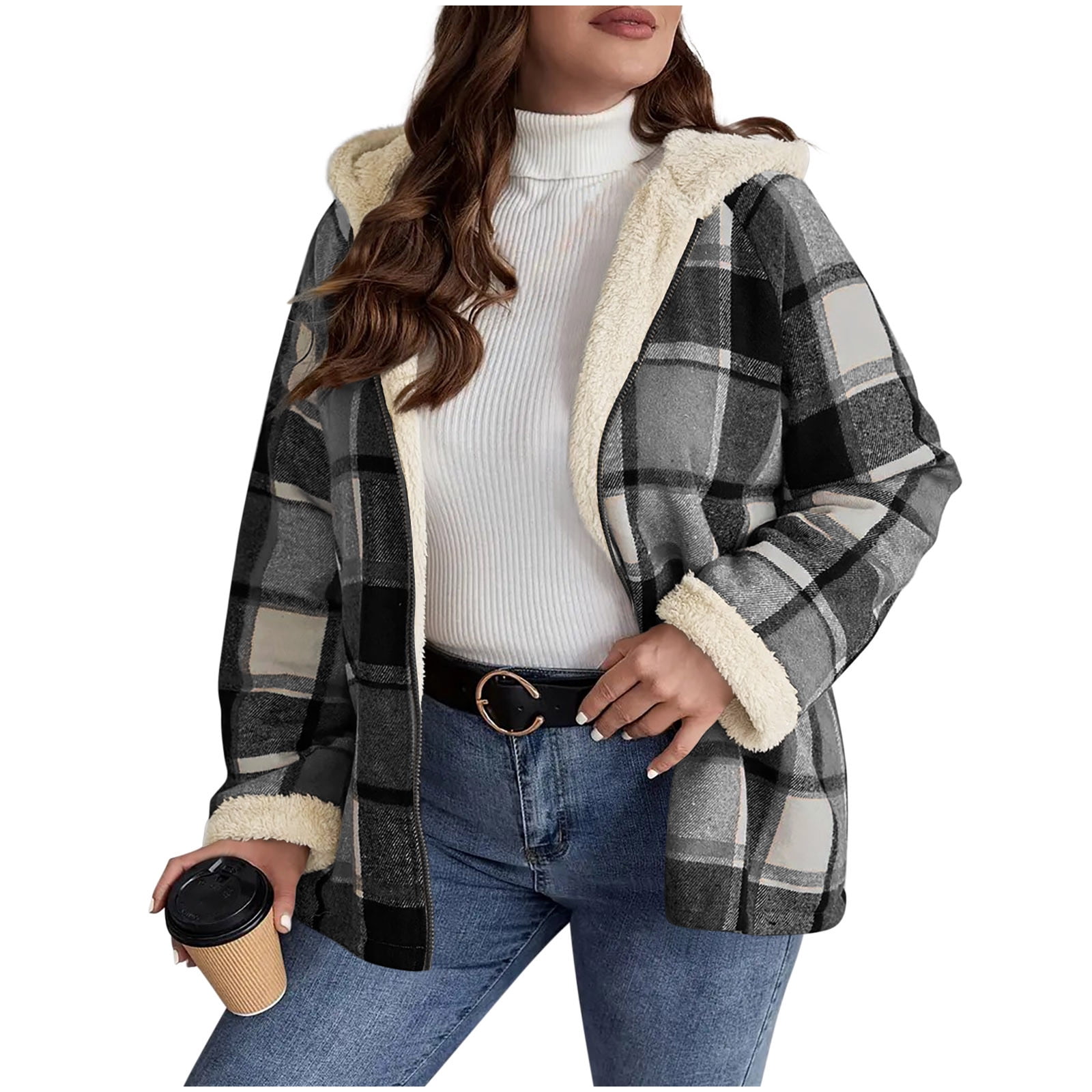 Womens Winter Coats Plaid Woolen Full-zip Hooded Jackets with Sherpa Lined Thick Warm Faux Shearling Outerwear (L, Gray)
