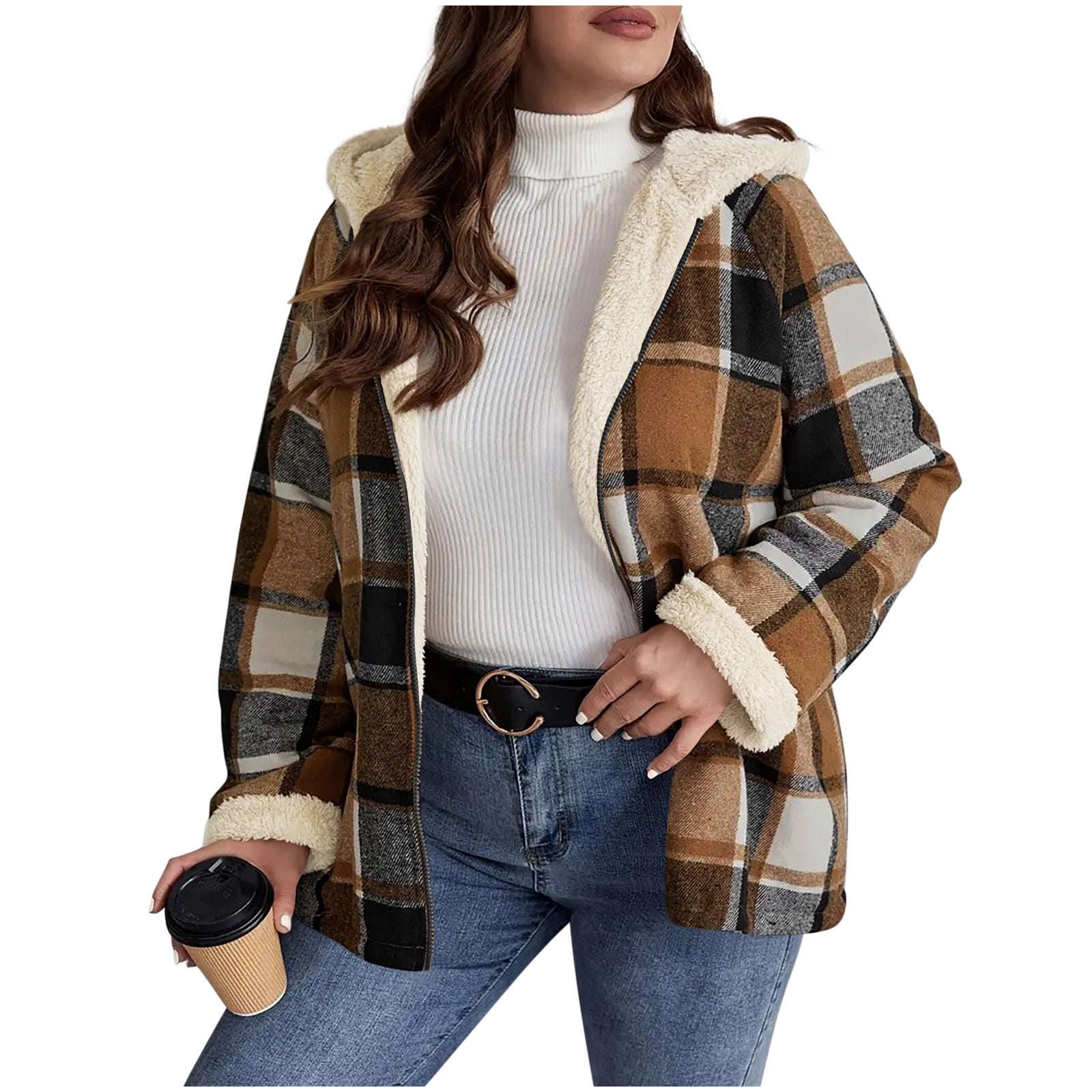 Womens Winter Coats Plaid Woolen Full-zip Hooded Jackets with Sherpa Lined Thick Warm Faux Shearling Outerwear (XL, Khaki)