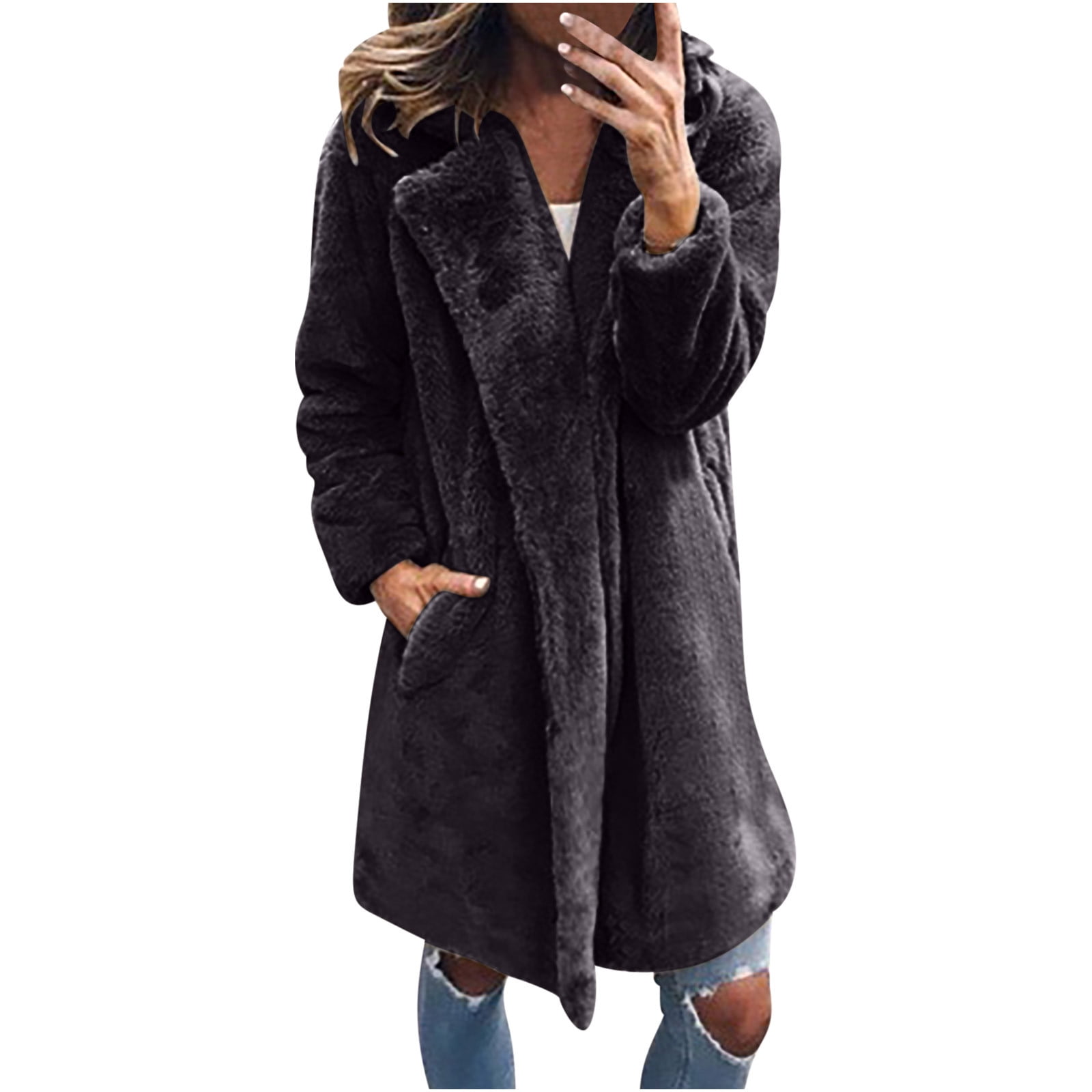 Womens Winter Coats Plus Size Long Sherpa Jackets Casual Plus Size Open Front Cardigan Notch Lapel Fleece Fuzzy Jackets Walmart