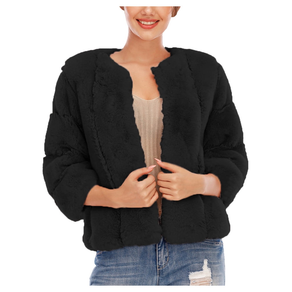 Womens Winter Coats Plus Size Short FauxFur Coat Warm Furry Jacket Long Sleeve Outerwear Black