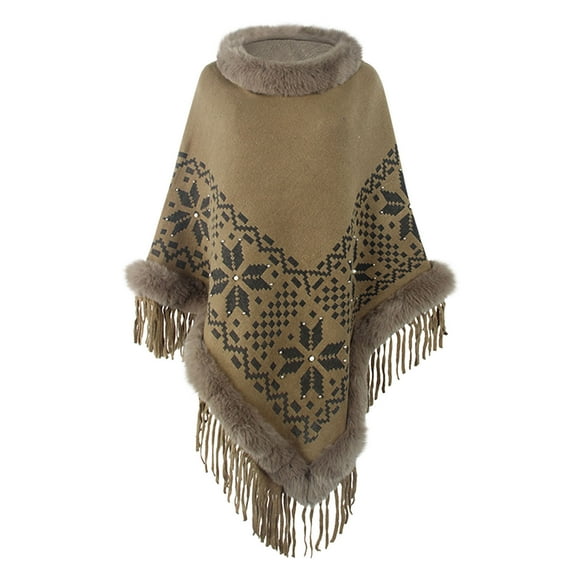Womens Winter Coats Poncho Cape, Faux Fur Knitted Shawl Cape Elegant Fringe Pullover Sweaters Shawl Loose Fit Scarf