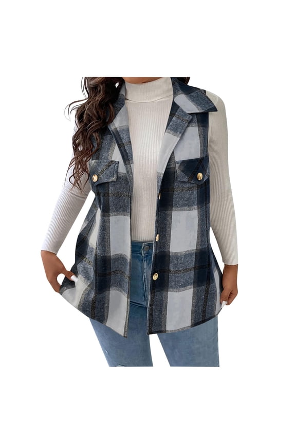 Womens Winter Coats Sevevn Women's Plaid Button Down Vest Sleeveless Lapel Jacket Casual Checkered Outerwear for Fall Winter