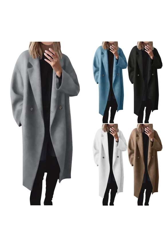 Womens Winter Coats Trench Coat Women New Fashionable Solid Color Lapel Breasted Woolen Coat Long Windbreaker Coat With Pockets