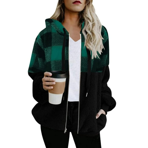 Womens Winter Coats Winter Hoodies for Women Furry Fleece Warm Coat Casual Plus Size Faux Fur Jackets with Zipper Color Block Outwear Women's Coats Fuzzy Fur