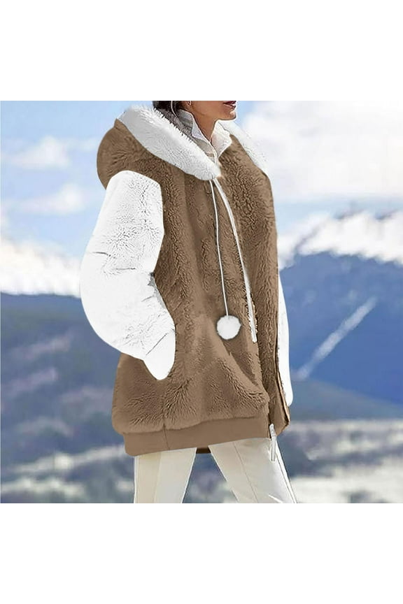 Womens Winter Coats Winter Jackets for Women Winter Coats For Women Fleece Jacket Hooded Color Block Patchwork Cardigan Coat Outerwear With Pocket