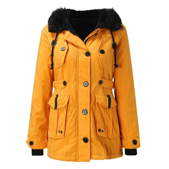 Womens Winter Coats Women Plus Size Daily Winter Coat Lapel Collar Long Sleeve Jacket Vintage Thicken Coat Jacket Warm Hooded Thick Padded Outerwear Coats for Women Yellow M