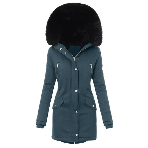 Womens Winter Coats Women Plus Size Daily Winter Coat Lapel Collar Long Sleeve Jacket Vintage Thicken Coat Jacket Warm Hooded Thick Padded Outerwear Coats for Women Navy L