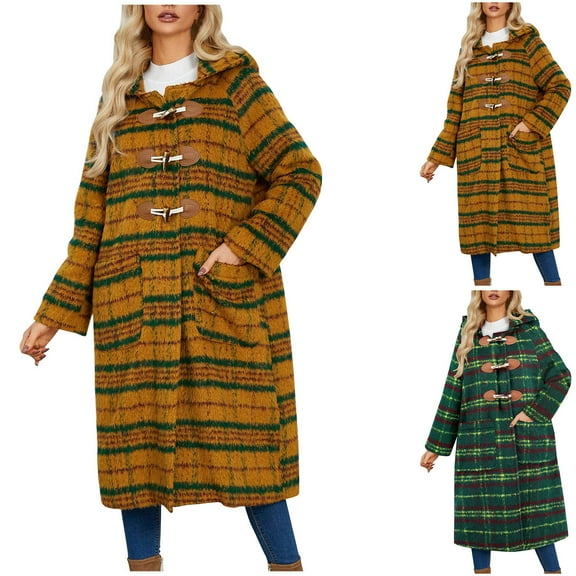 Womens Winter Coats Womens Fall Fashion 2025 Fashion Fall Winter Casual Hooded Outwear Coat Long Sleeve Pockets Plaid