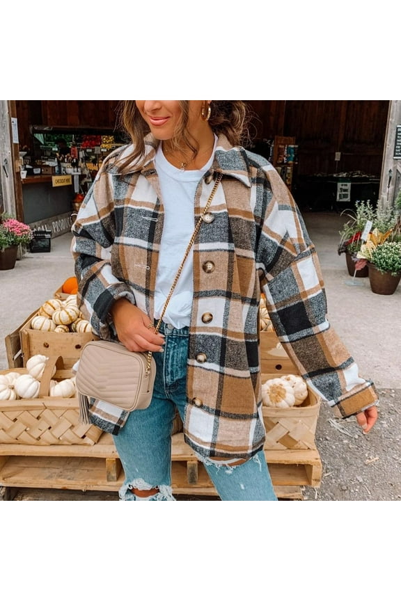 2024 Flannel Plaid Shacket Jacket for Women Long Sleeve Button Down Shirt Coat Fashion Wool Blend Outwear Corduroy Blouse Tops