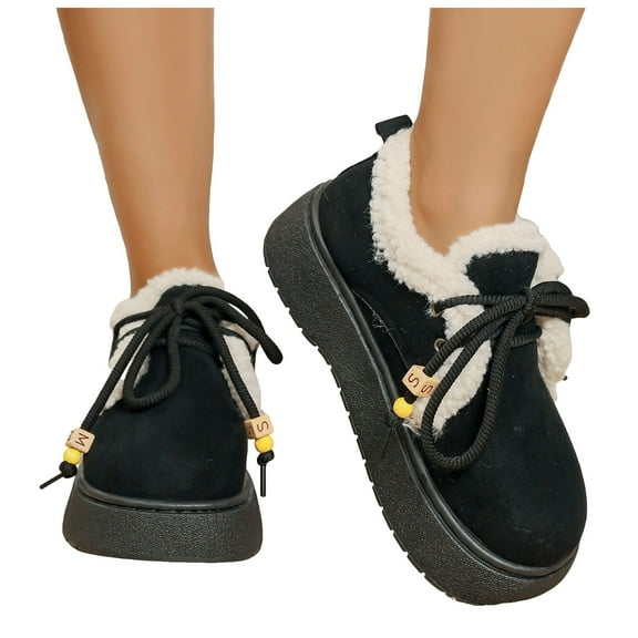 Womens Winter Combat Boots Fashion Casual Warm Fleece Lined Lace up Platform Chunky Snow Ankle Booties Black Size 6