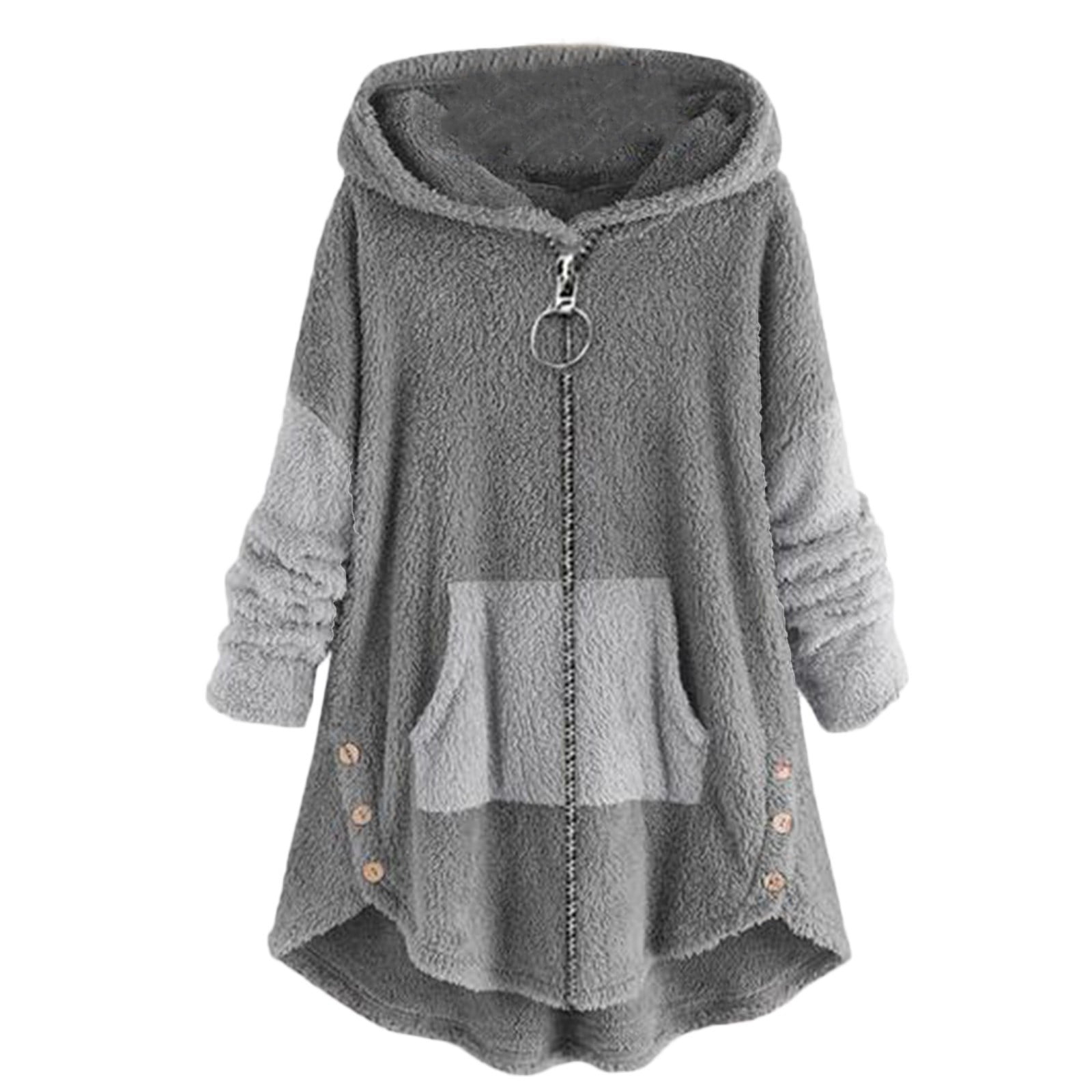 Cozy long sleeve fleece hooded fuzzy asymmetrical hem button teddy bear best sale coat