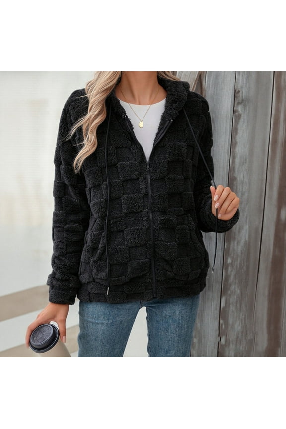 Womens Winter Cozy Plush Coats Casual Checkered Fleece Hoody Jacket Oversized Sherpa Hoodies Fuzzy Jackets Warm Teddy Coat with Pockets