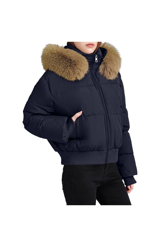 Womens Winter Cropped Jacket with Fuzzy Hood Long Sleeve Quilted Stand Collar Zip-Up Short Padded Coats Outwear Navy L