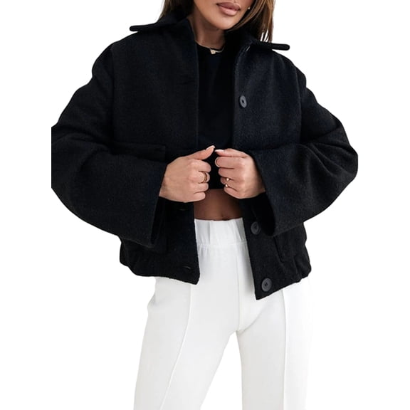 Womens Winter Cropped Wool Coat Single Breasted Casual Loose Short Wool Blend Pea Coat Black L