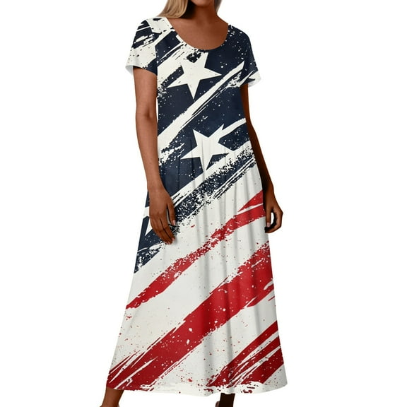 Womens Winter Dresses, American Flag T Shirt Long Dresses Casual Cotton 4Th Of July Patriotic Short Sleeve Round Neck Pocket Dress Prom Beach Wedding Guest Dresses Casual (L, Dark Blue) ZMTing