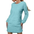 thumbnail image 1 of Womens Winter Dresses Women's Solid Color Casual Sweater Knit Crew neck Warm Long Sleeved Pocket Ruched Medium Long Mini Sweater dresses Blue S-3XL, 1 of 7