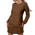 thumbnail image 1 of Womens Winter Dresses Women's Solid Color Casual Sweater Knit Crew neck Warm Long Sleeved Pocket Ruched Medium Long Mini Sweater dresses Brown S-3XL, 1 of 8