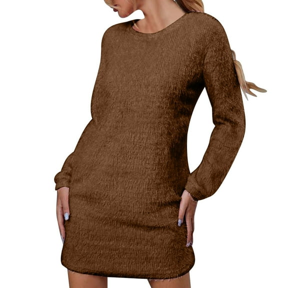 Womens Winter Dresses Women's Solid Color Casual Sweater Knit Crew neck Warm Long Sleeved Pocket Ruched Medium Long Mini Sweater dresses Brown S-3XL