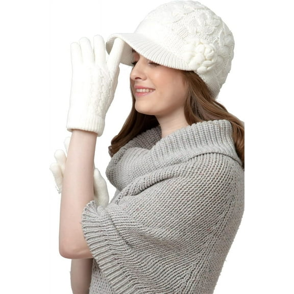 Womens Winter Elegant Cable Flower Knitted Newsboy Cabbie Cap Beret Beanie Hat with Visor, Warm Plush Fleece Lined