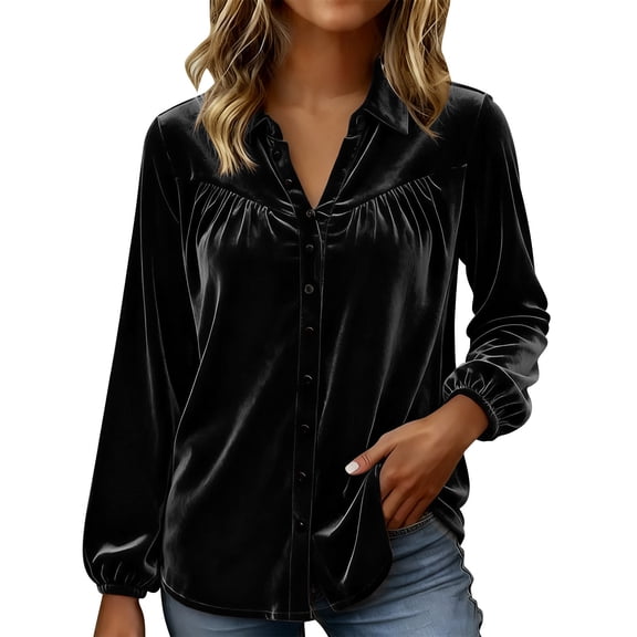 Womens Winter Fall Velvet Shirts Long Sleeve Button Down Lapel Collared Ruched Casual Dressy Tops Work Blouses