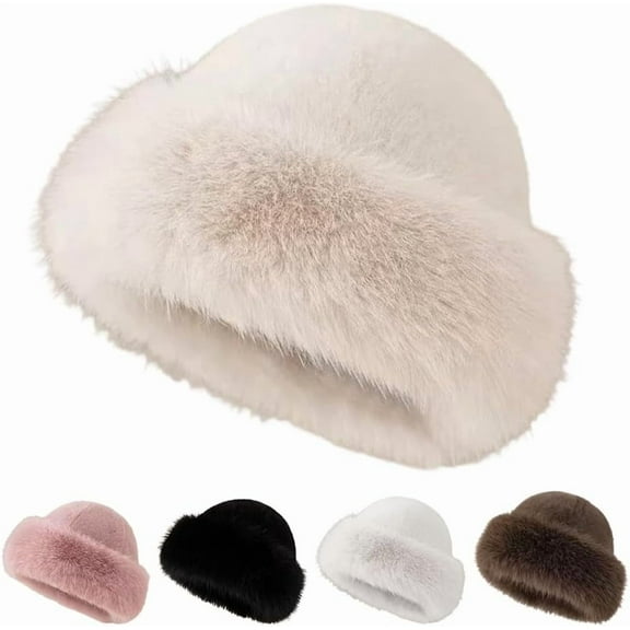 Womens Winter Faux Fur Bucket Hat, 2026 New Fluffy Furry Warm Hat, Soft Plush Fisherman Cap for Cold Weather