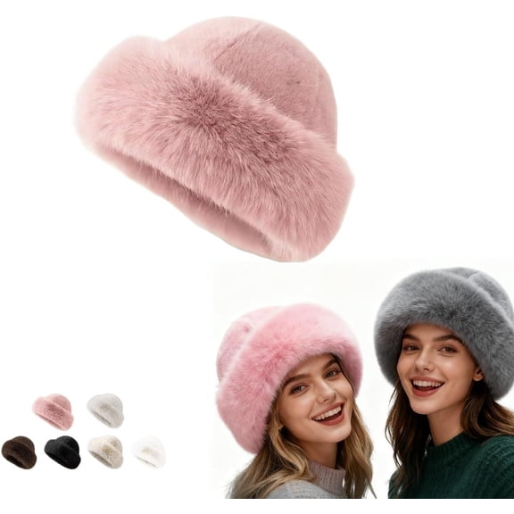 Womens Winter Faux Fur Bucket Hat, Warm Faux Mink Plush Hat,Fluffy Fisherman Fuzzy Bucket Hat,Fur hat for Women