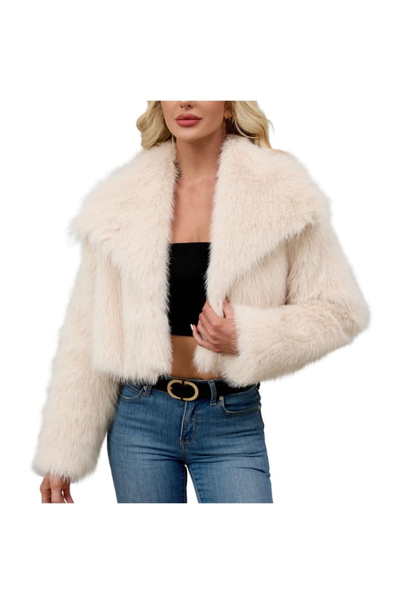 Womens Winter Faux Fur Coats Fleece Cropped Jacket Lapel Open Front Long Sleeve Shaggy Warm Outerwear Fall Clothes