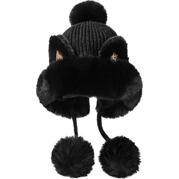 Womens Winter Faux Fur Pompom Beanie Hat Knit Earflap Hat Warm Peruvian Hat Skull Cap Outdoor Ski Cap
