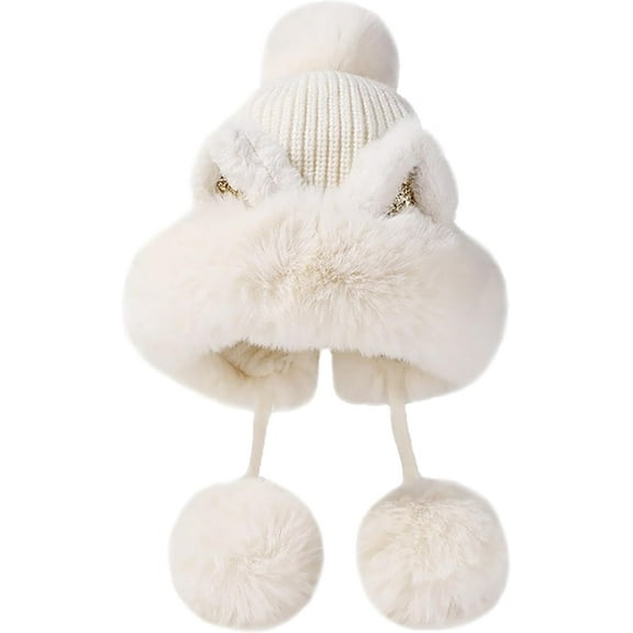 Womens Winter Faux Fur Pompom Beanie Hat Knit Earflap Hat Warm Peruvian Hat Skull Cap Outdoor Ski Cap