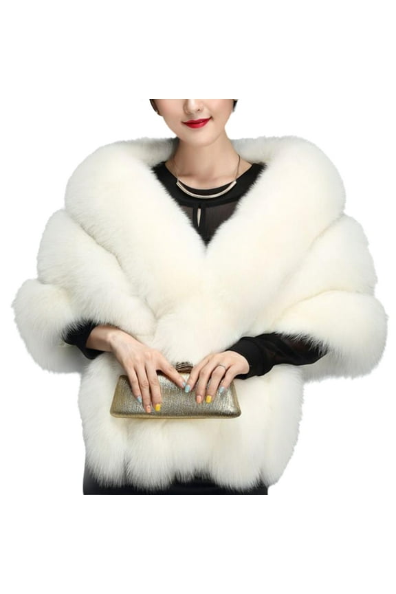 Womens Winter Faux Fur Scarf Collar Shrug V-Neck Shawl Wrap Stole Bridal Cloak