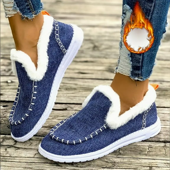 Womens Winter Flat Fluffy Snow Ankle Boots,Warm Faux Fur Lining Anti-Slip Slip on Loafer Casual Outdoor Plush Loafers Booties (Dark Blue,41)