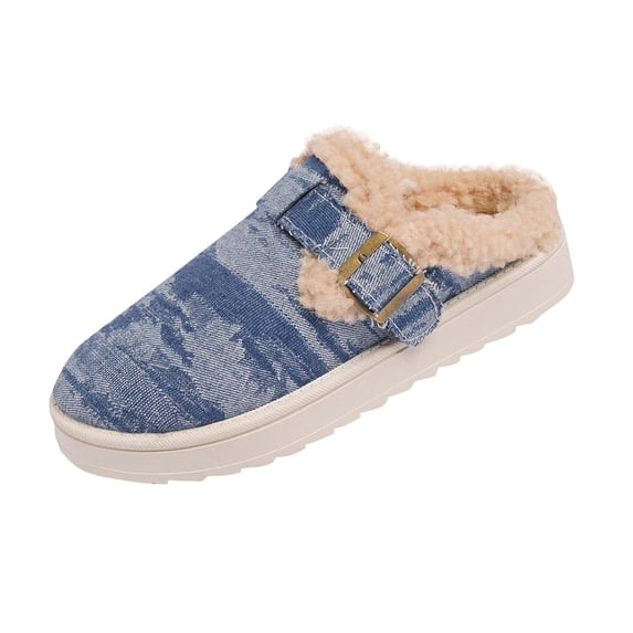Womens Winter Flat Fluffy Snow Boots, Soft Curly Full Slippers, Comfort Cotton Lined, Canvas Flat Footbed Non Slip House Slippers