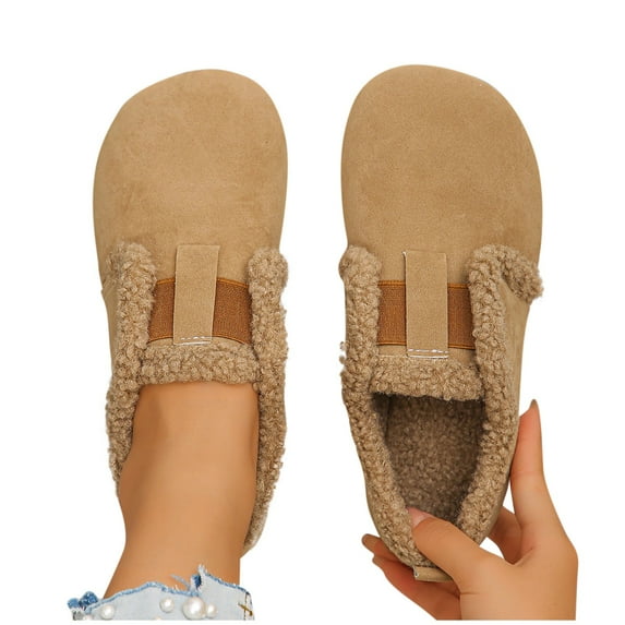 Womens Winter Flat Fluffy Snow Boots, Soft Curly Full Slippers, Comfort Woolen Fleece Liner, Indoor House Shoes with Elastic Gores