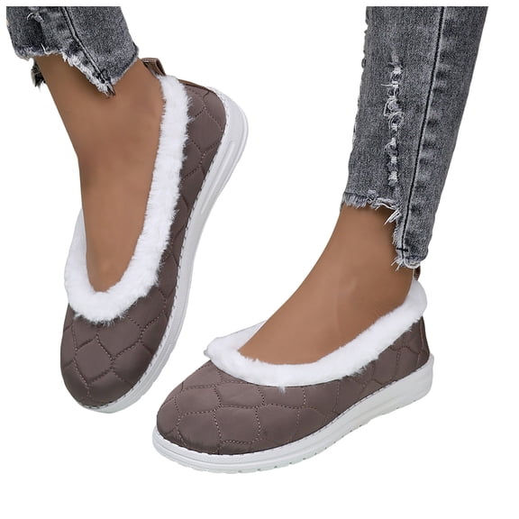 Womens Winter Flat Shoes Fashion Quilted Furry Lined Antislip Walking Shoes Casual Round Toe Indoor Slip on Warm Shoes Khaki Size 7
