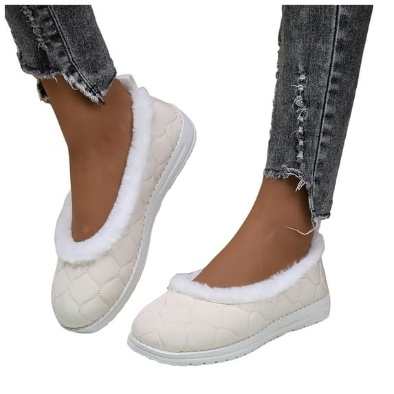 Womens Winter Flat Shoes Fashion Quilted Furry Lined Antislip Walking Shoes Casual Round Toe Indoor Slip on Warm Shoes White Size 9