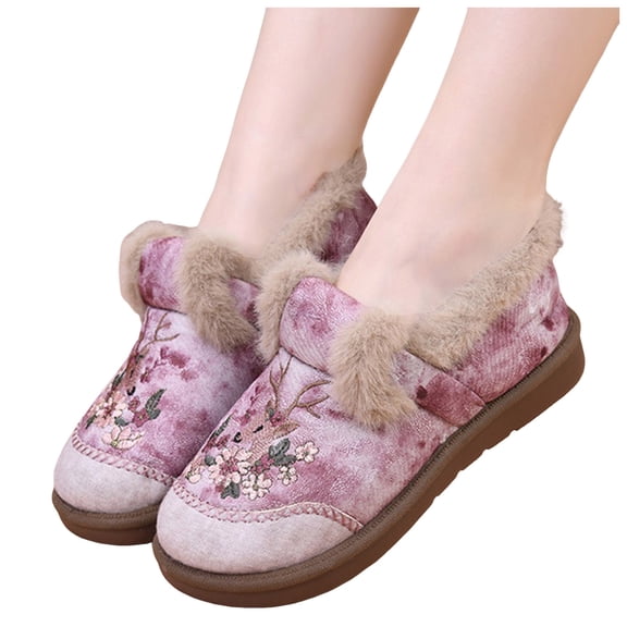 Womens Winter Flat Shoes Floral Embroidery Splice Suede Warm Furry Lined Slip on Loafers Comfortable Soft Sole Casual Walking Shoes Pink Size 7