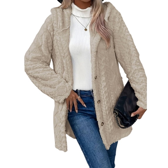Womens Winter Fleece Hooded Jackets Graphic Fuzzy Warm Coat Cardigan Jacket Side Split Fall Outerwear Apricot Color L