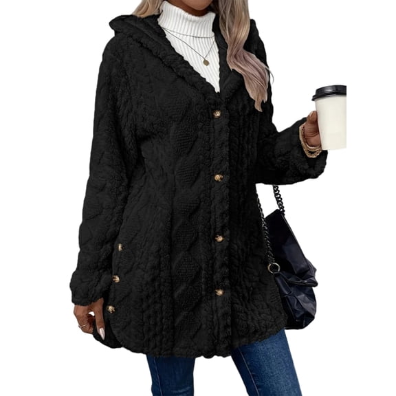 Womens Winter Fleece Hooded Jackets Graphic Fuzzy Warm Coat Cardigan Jacket Side Split Fall Outerwear Black L