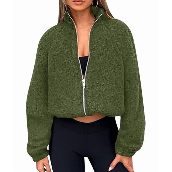 Womens Winter Fleece Jackets Long Sleeve Zip Up Cropped Warm Coats Fall Fashion Workout Outerwear Clothes Army Green XXL