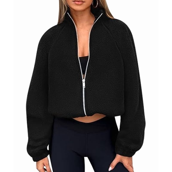 Womens Winter Fleece Jackets Long Sleeve Zip Up Cropped Warm Coats Fall Fashion Workout Outerwear Clothes Black S