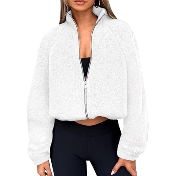 Womens Winter Fleece Jackets Long Sleeve Zip Up Cropped Warm Coats Fall Fashion Workout Outerwear Clothes White XL