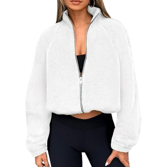 Womens Winter Fleece Jackets Long Sleeve Zip Up Cropped Warm Coats Fall Fashion Workout Outerwear Clothes White XL