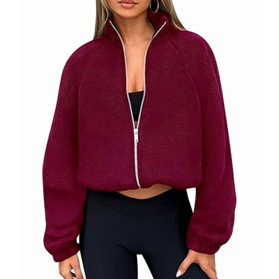 Womens Winter Fleece Jackets Long Sleeve Zip Up Cropped Warm Coats Fall Fashion Workout Outerwear Clothes Wine Red XXL